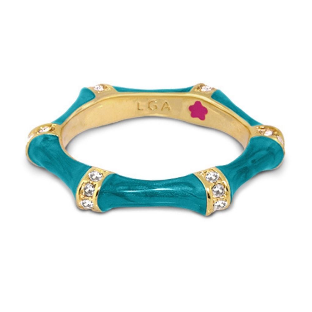 Bamboo Stackable Ring by Lauren G Adams teal enamel with gold-tone segments and crystals on Tampa Home & Garden Store