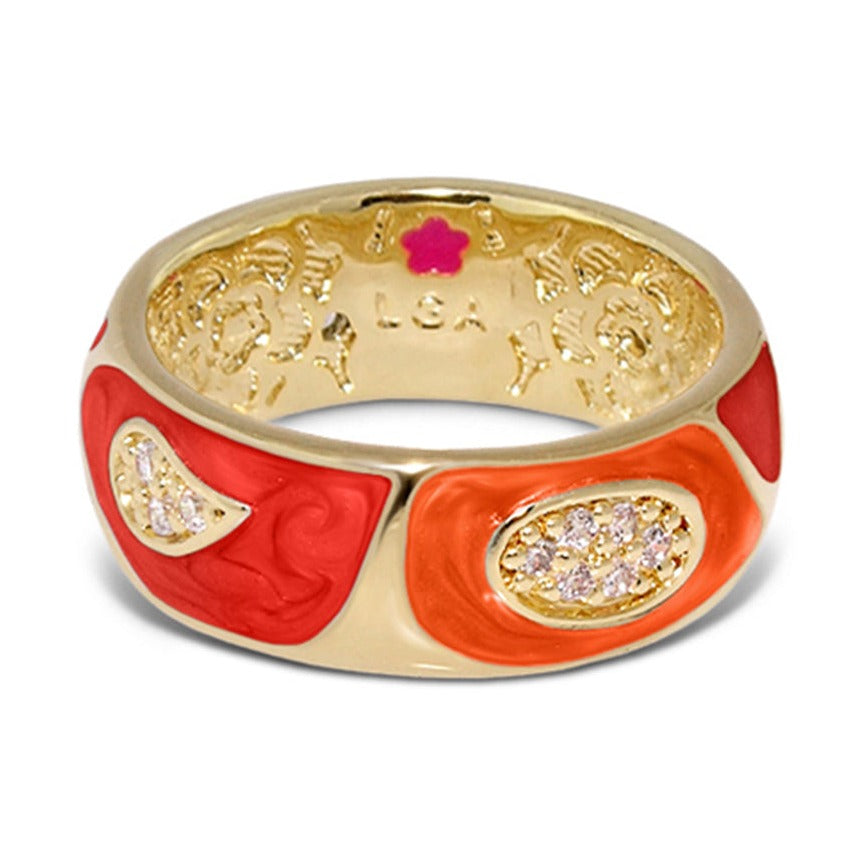 Band ring Butterfly World Pavé Leaf by Lauren G Adams with red enamel leaf motifs and pavé crystals on gold on Tampa Home & Garden Store