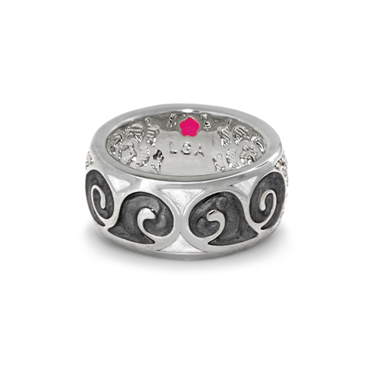 Band Ring Butterfly World Swirl by Lauren G Adams, silver band with black swirl enamel on Tampa Home & Garden Store