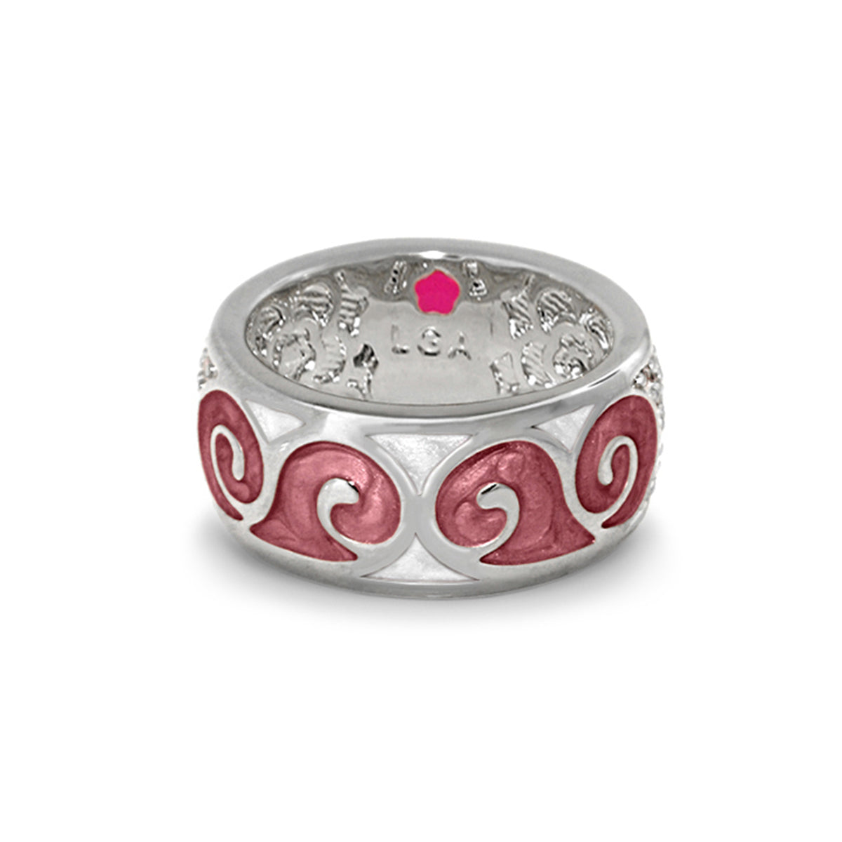 Band Ring Butterfly World Swirl by Lauren G Adams, wide silver band with pink enamel swirls on Tampa Home & Garden Store