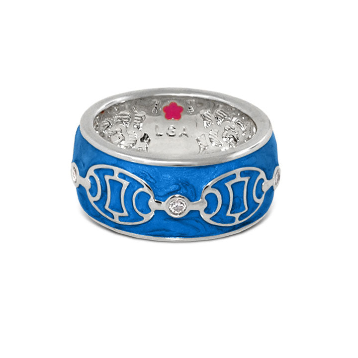 Laguna Links Band Ring blue enamel wide band with silver interlocking link motif Lauren G Adams on Tampa Home & Garden Store