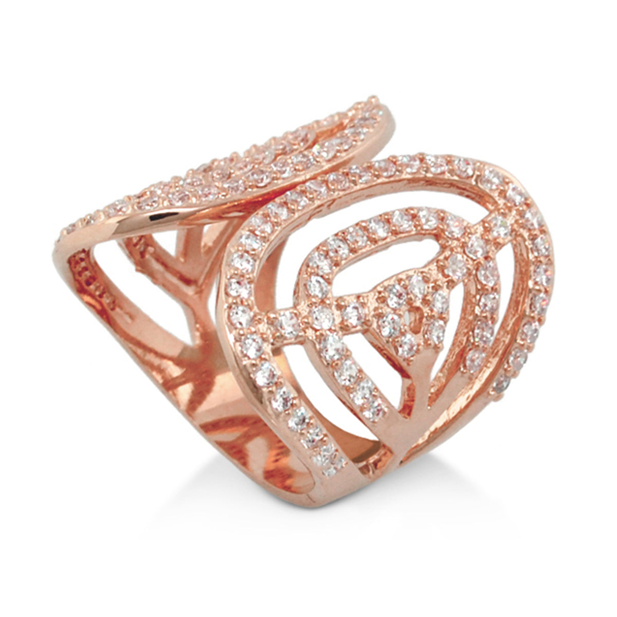Orbital rings cocktail ring by Lauren G Adams in rose gold with pavé crystals and interlocking loops on Tampa Home & Garden Store