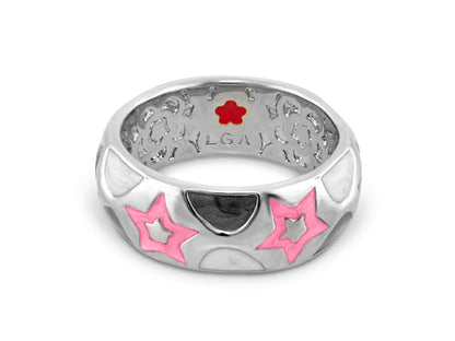 Star Light Ring by Lauren G Adams, silver band with two pink star enamel accents on outer ring on Tampa Home & Garden Store