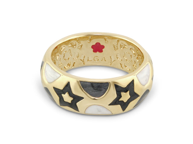 Star Light Ring, gold band with black star cutouts and white enamel teardrops by Lauren G Adams on Tampa Home & Garden Store