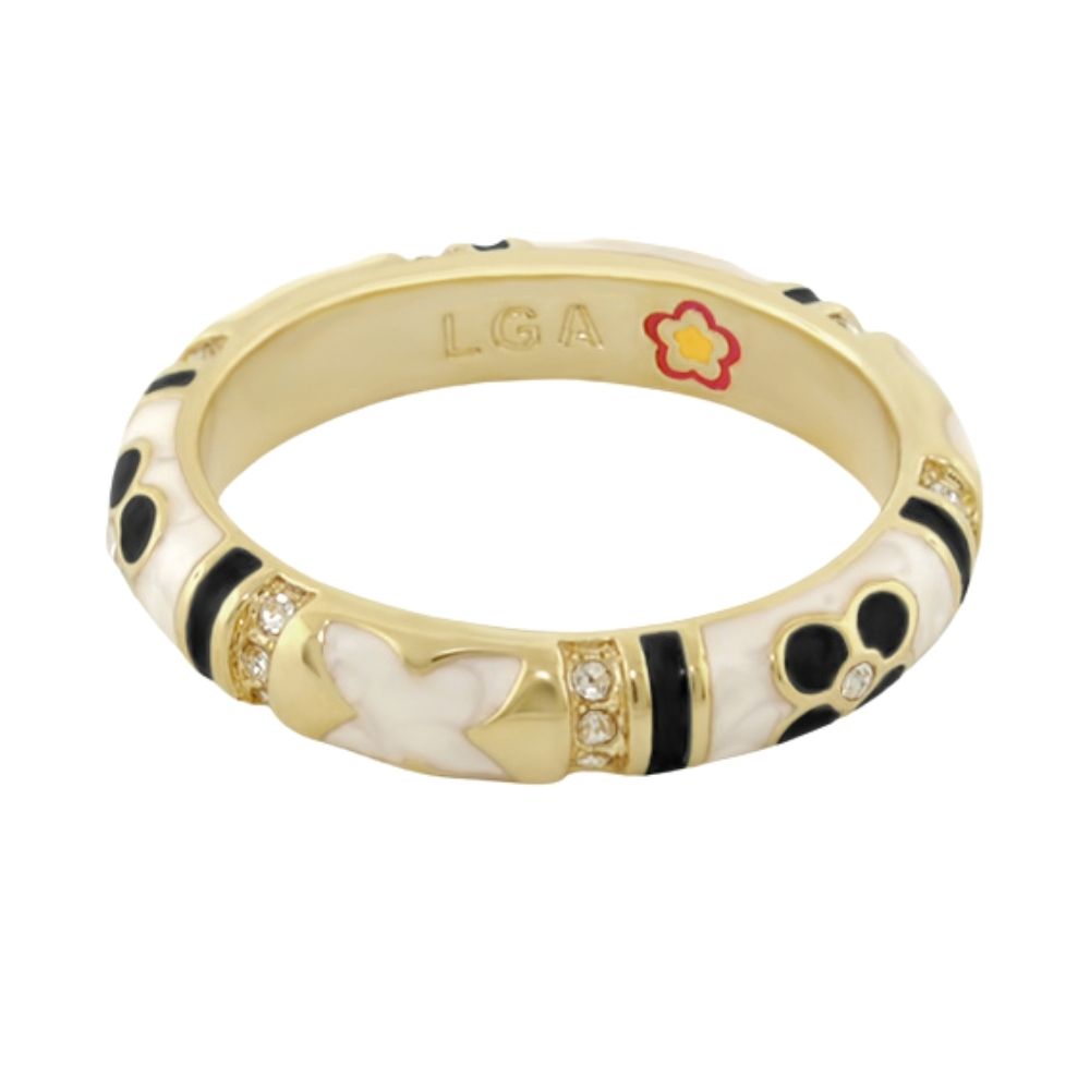 Floral Knight Stackable Ring Lauren G Adams gold band with white and black enamel petals on Tampa Home & Garden Store