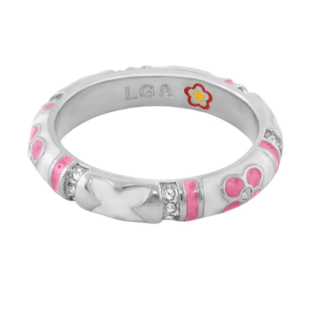 Floral Knight Stackable Ring, silver band with pink enamel flowers and crystals by LGA on Tampa Home & Garden Store