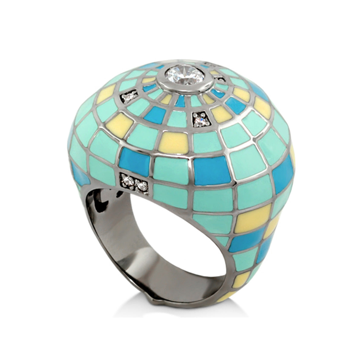 Sundial ring cocktail ring by Lauren G Adams in turquoise mosaic enamel with central clear gem on Tampa Home & Garden Store