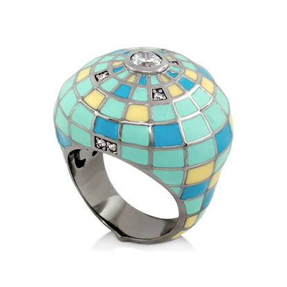 Sundial ring cocktail ring by Lauren G Adams in turquoise mosaic enamel with central clear gem on Tampa Home & Garden Store
