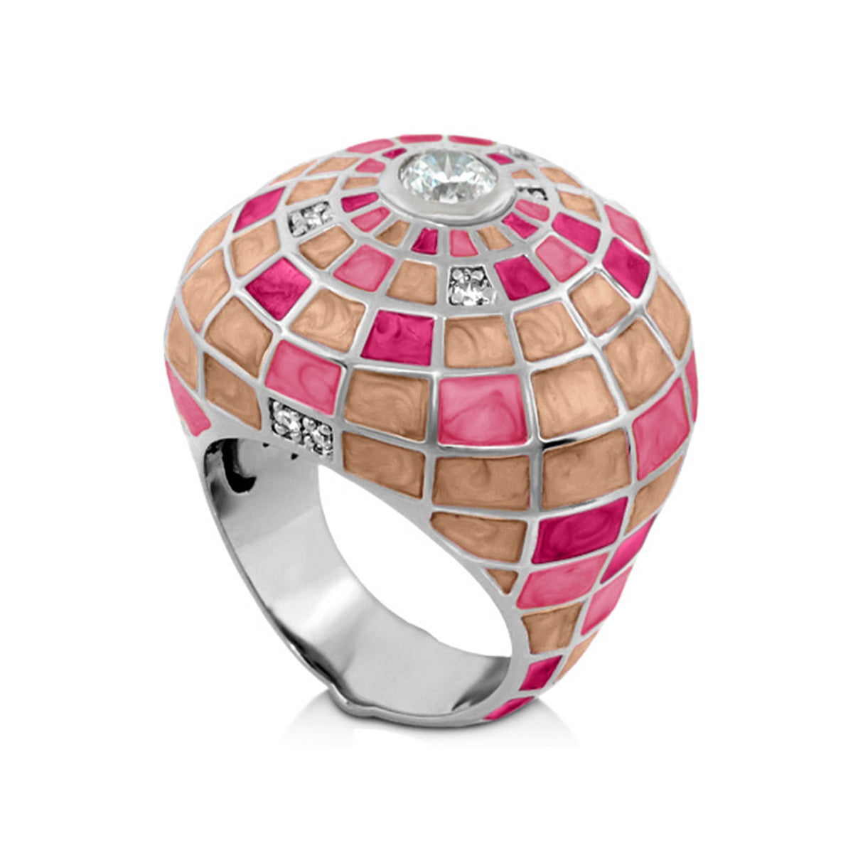 Sundial ring cocktail ring with pink peach mosaic and central clear gem, Lauren G Adams on Tampa Home & Garden Store