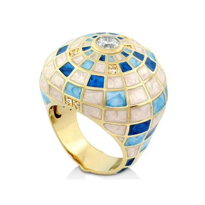 Sundial ring in gold-tone with a mosaic grid of blue turquoise and pearl tiles and a central crystal on Tampa Home & Garden Store