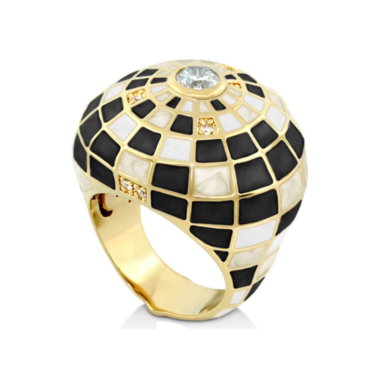 Sundial ring gold cocktail with black and white mosaic tiles and central gemstone on Tampa Home & Garden Store