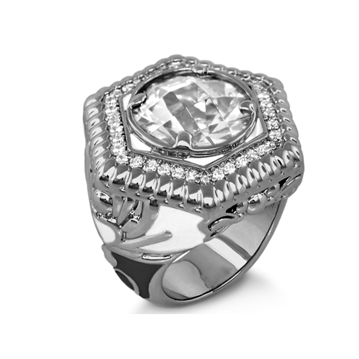 Royal Knight Cocktail Ring; silver band with a large oval clear gemstone and pavé diamonds on Tampa Home & Garden Store