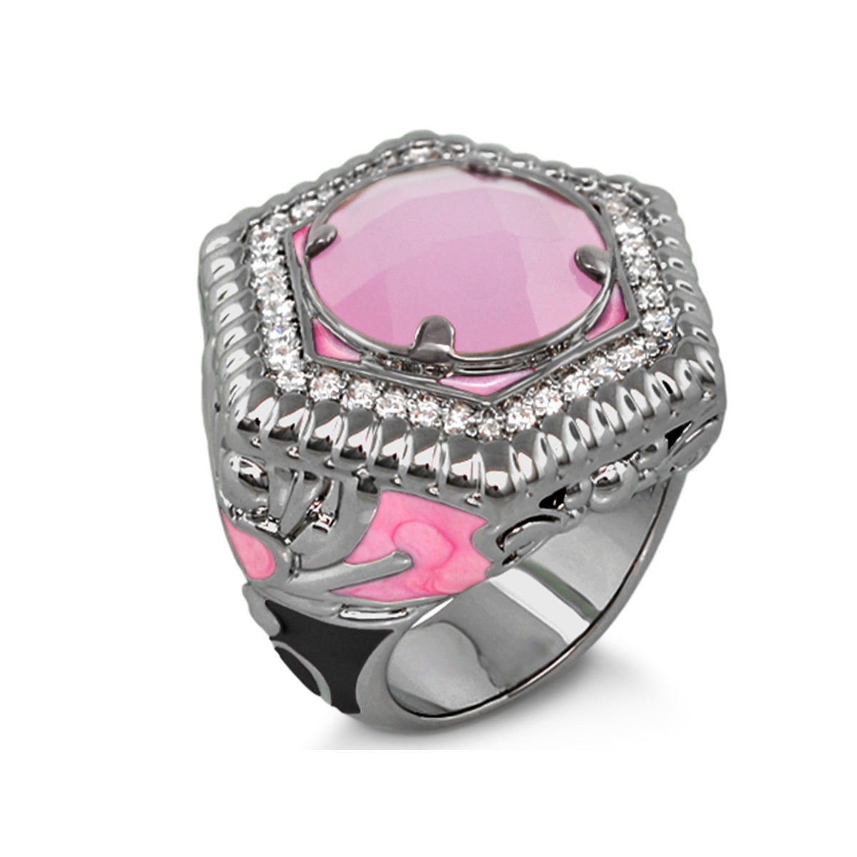 Royal Knight Cocktail Ring by Lauren G Adams, pink cabochon with pave halo on silver ring on Tampa Home & Garden Store