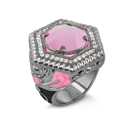 Royal Knight Cocktail Ring by Lauren G Adams, pink cabochon with pave halo on silver ring on Tampa Home & Garden Store