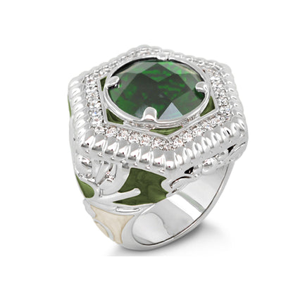 Royal Knight Cocktail Ring Lauren G Adams emerald-green cushion-cut stone with diamond halo on Tampa Home & Garden Store