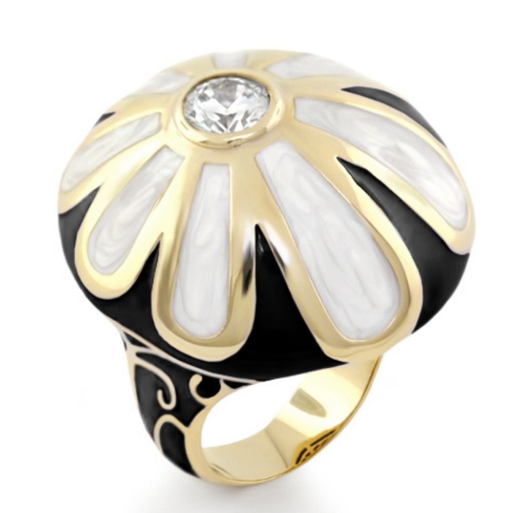 Pink Flower Enamel And Gold Statement Ring