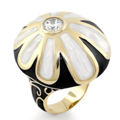Pink Flower Enamel And Gold Statement Ring