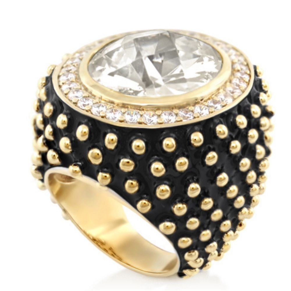 Fresh Fantasy Cocktail Ring by Lauren G Adams with pavé halo dome and black enamel studded band on Tampa Home & Garden Store