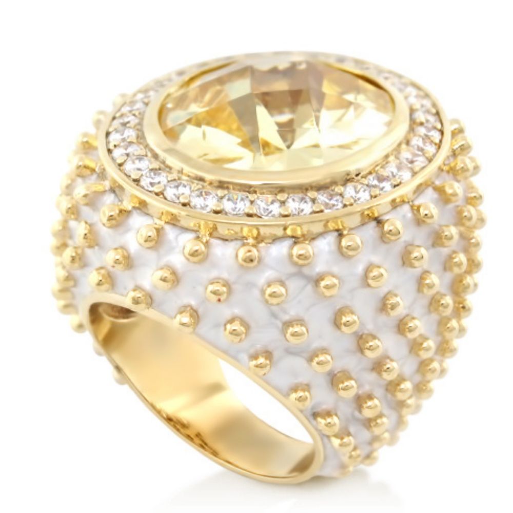 Fresh Fantasy Cocktail Ring by Lauren G Adams, gold-tone with white enamel and pavé halo dome on Tampa Home & Garden Store
