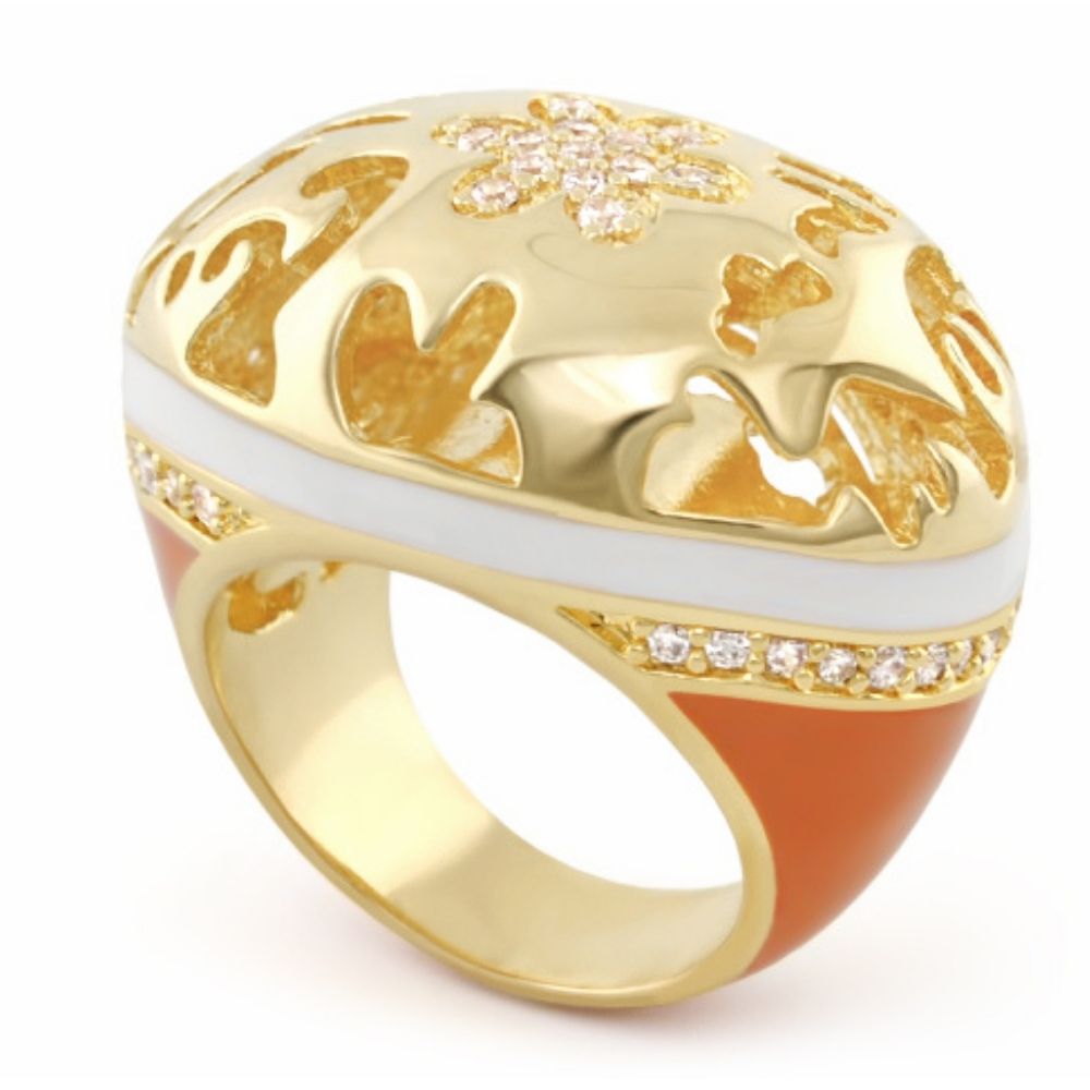 Allure Cocktail Ring gold-tone with white enamel band and pavé accents on orange enamel shank on Tampa Home & Garden Store