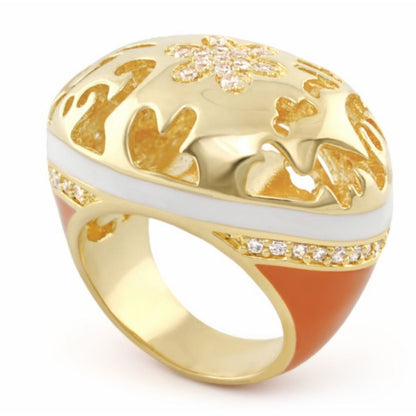 Allure Cocktail Ring gold-tone with white enamel band and pavé accents on orange enamel shank on Tampa Home & Garden Store