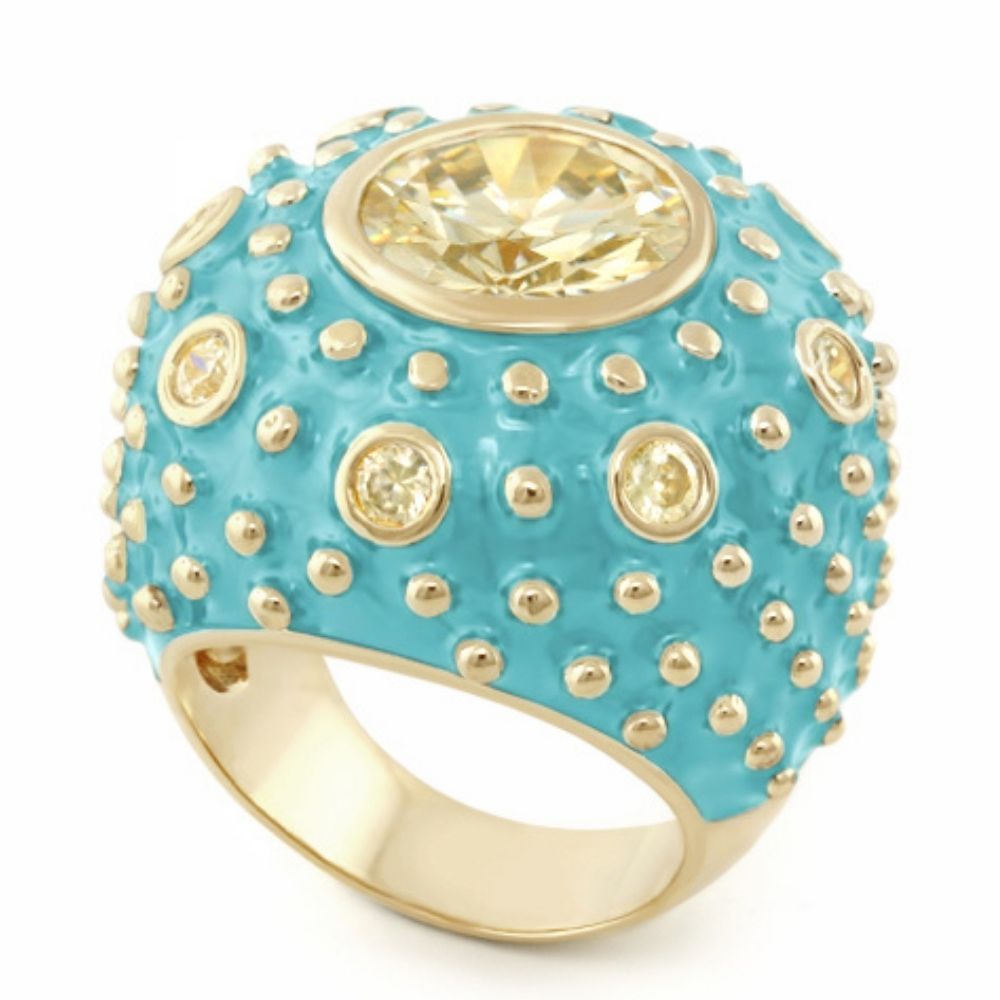 Rock N' Roll cocktail ring turquoise enamel with gold-tone studs and a large central faceted crystal on Tampa Home & Garden Store