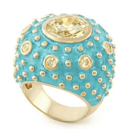Rock N' Roll cocktail ring turquoise enamel with gold-tone studs and a large central faceted crystal on Tampa Home & Garden Store