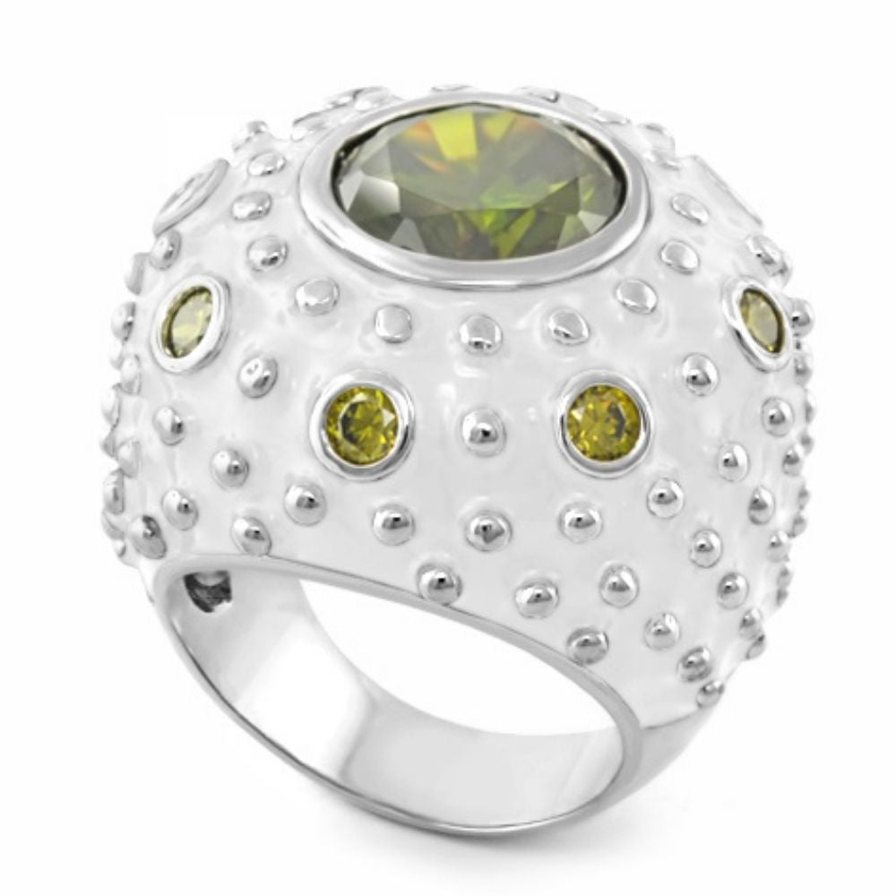 Rock N' Roll Cocktail Ring in silver with large olive-green center stone and yellow accents on Tampa Home & Garden Store