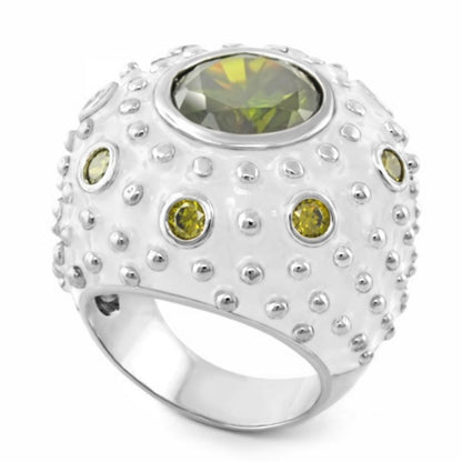 Rock N' Roll Cocktail Ring in silver with large olive-green center stone and yellow accents on Tampa Home & Garden Store