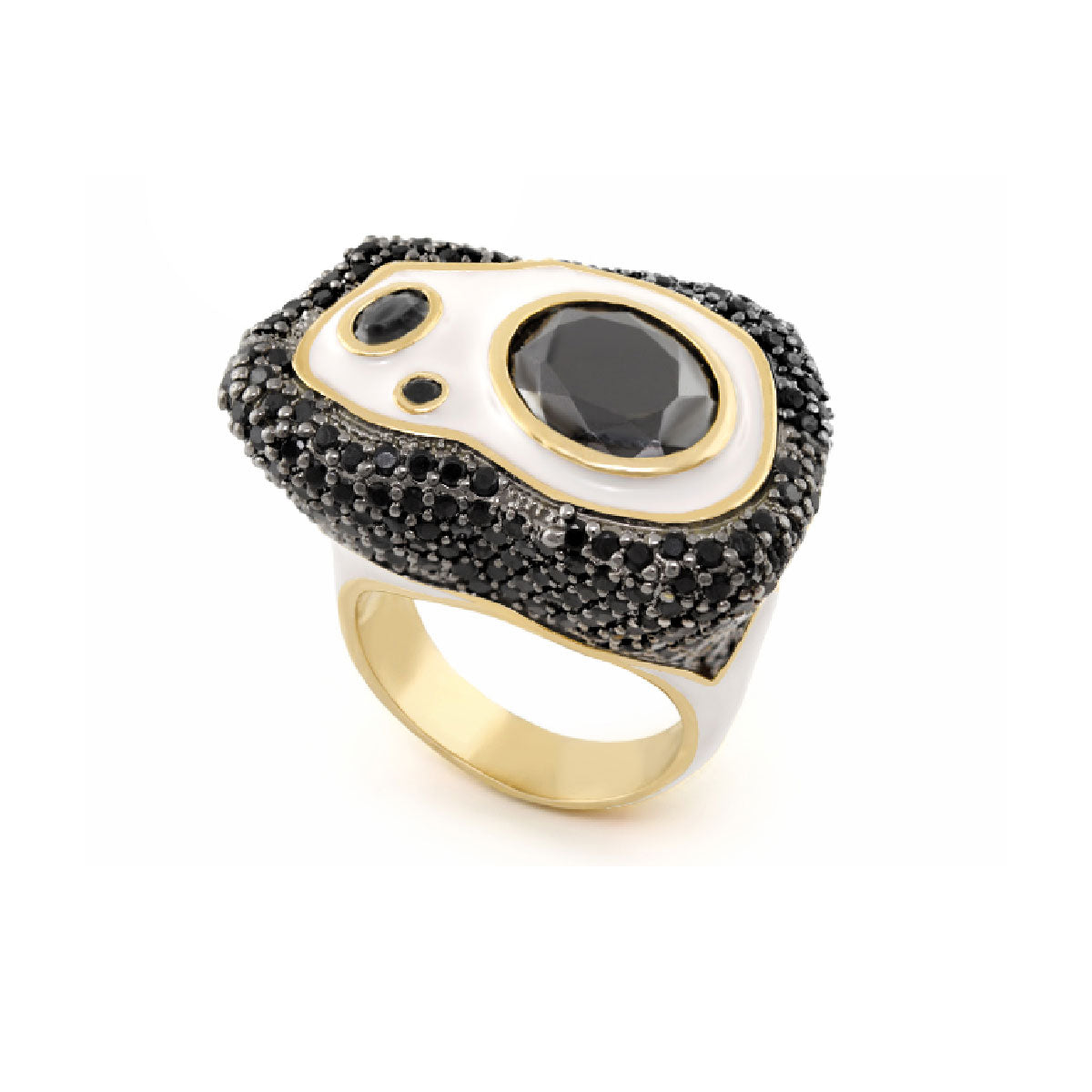Fire And Ice cocktail ring with black pavé surround white enamel and gold bezel onyx center on Tampa Home & Garden Store