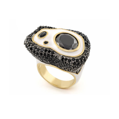 Fire And Ice cocktail ring with black pavé surround white enamel and gold bezel onyx center on Tampa Home & Garden Store