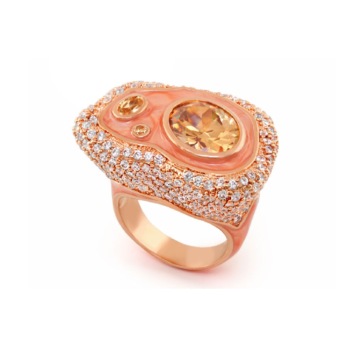 Fire And Ice cocktail ring by Lauren G Adams in rose gold with peach gem and pavé diamonds on Tampa Home & Garden Store