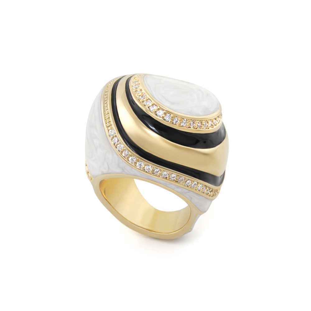Tribal Ring by Lauren G Adams, gold-tone cocktail ring with white marbled inlay, black enamel and pavé diamonds on Tampa Home & Garden Store