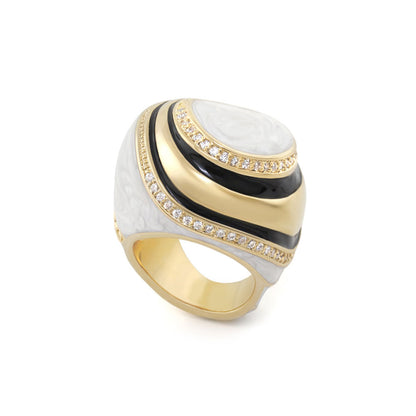 Tribal Ring by Lauren G Adams, gold-tone cocktail ring with white marbled inlay, black enamel and pavé diamonds on Tampa Home & Garden Store