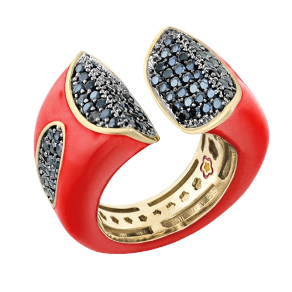 Earth Wind and Fire ring with red enamel and pave black diamonds by Lauren G Adams on Tampa Home & Garden Store