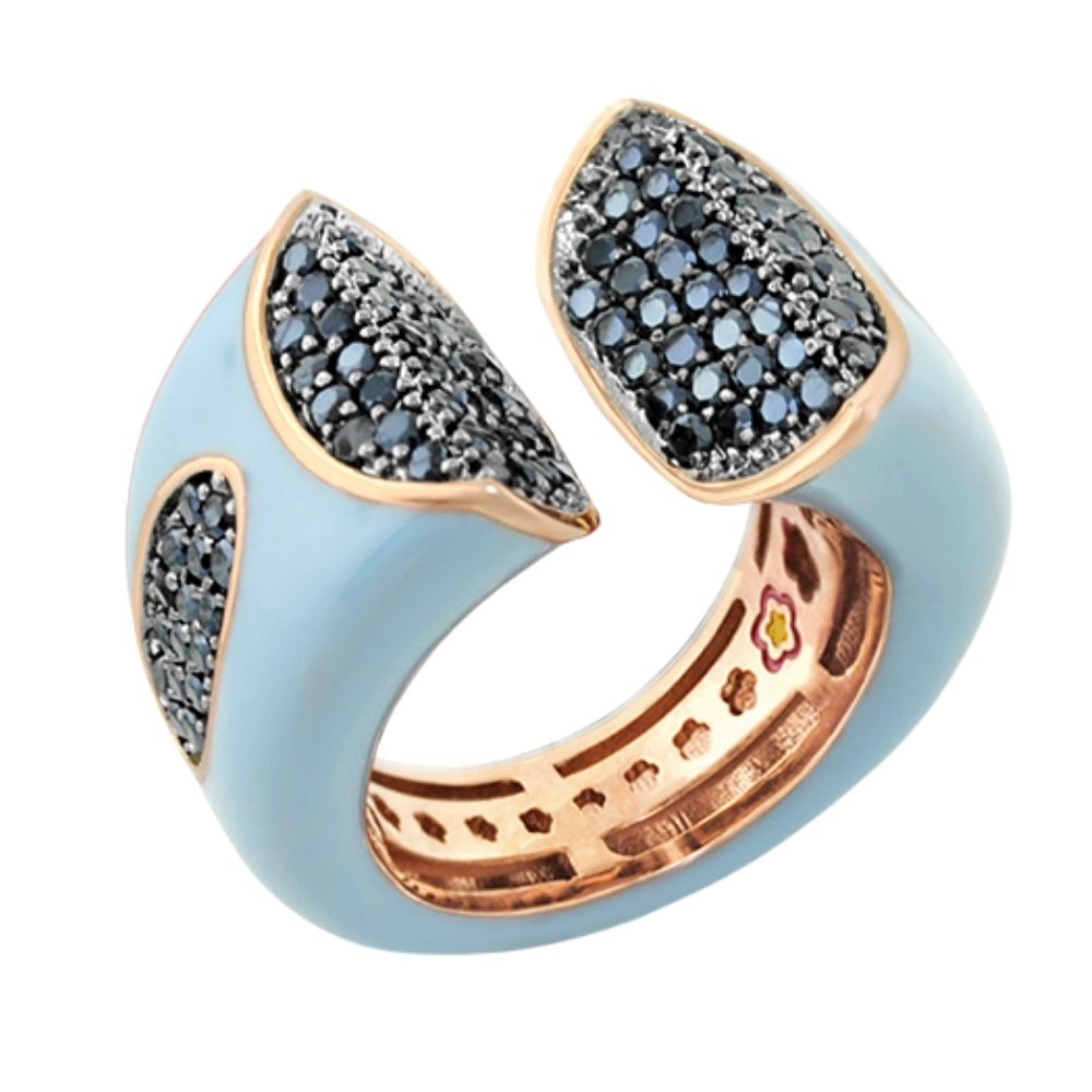 Earth Wind and Fire Ring Pavé Inlay blue enamel with dark pavé stones rose gold band on Tampa Home & Garden Store