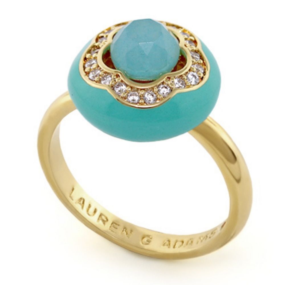 Floral Days Cocktail Ring by Lauren G Adams with turquoise stone and diamond halo on gold band on Tampa Home & Garden Store