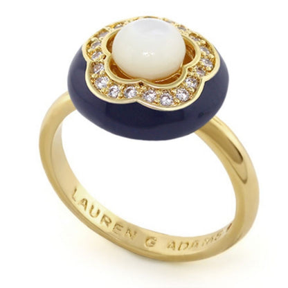 Floral Days Ring gold tone cocktail ring with navy enamel flower, pearl center on Tampa Home & Garden Store