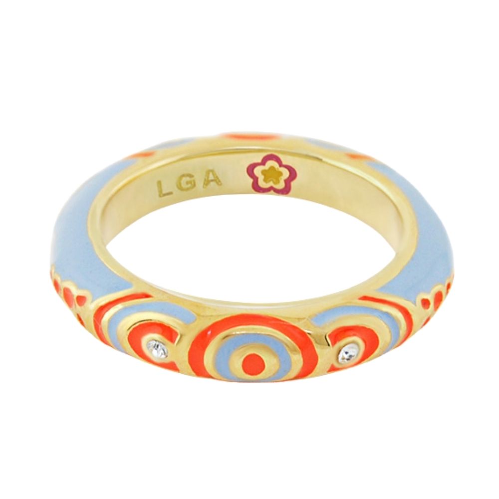 Petit Gateau Stackable Ring Concentric Circles; gold band with blue enamel and red circles, LGA on Tampa Home & Garden Store