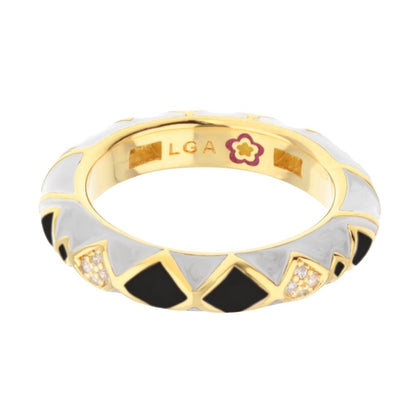 Fierce Edge Stackable Ring gold-tone with black enamel triangles and LGA stamp on Tampa Home & Garden Store