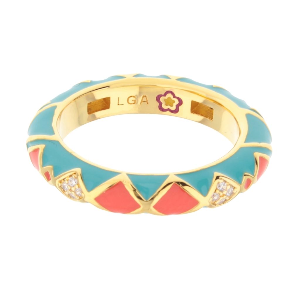 Fierce Edge Stackable Ring by Lauren G Adams in gold-tone with turquoise and coral enamel, diamond accents LGA hallmark on Tampa Home & Garden Store