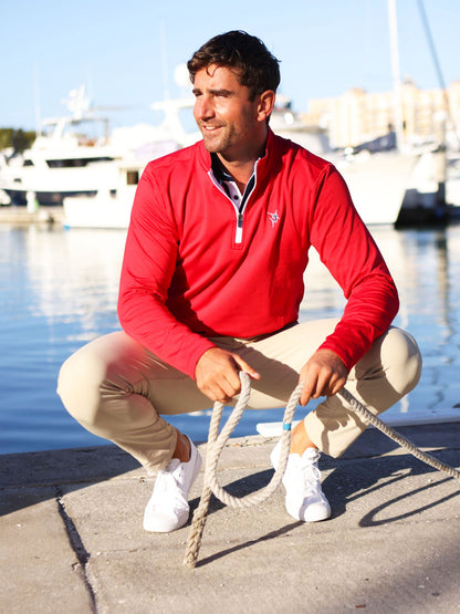Montauk Quarter Zip Midweight Comfort red fleece with white zip, White Water Life logo on Tampa Home & Garden Store