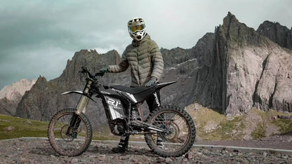 R1+ electric bicycle black frame with graphics by EUNORAU E-BIKE US rugged mountain backdrop on Tampa Home & Garden Store