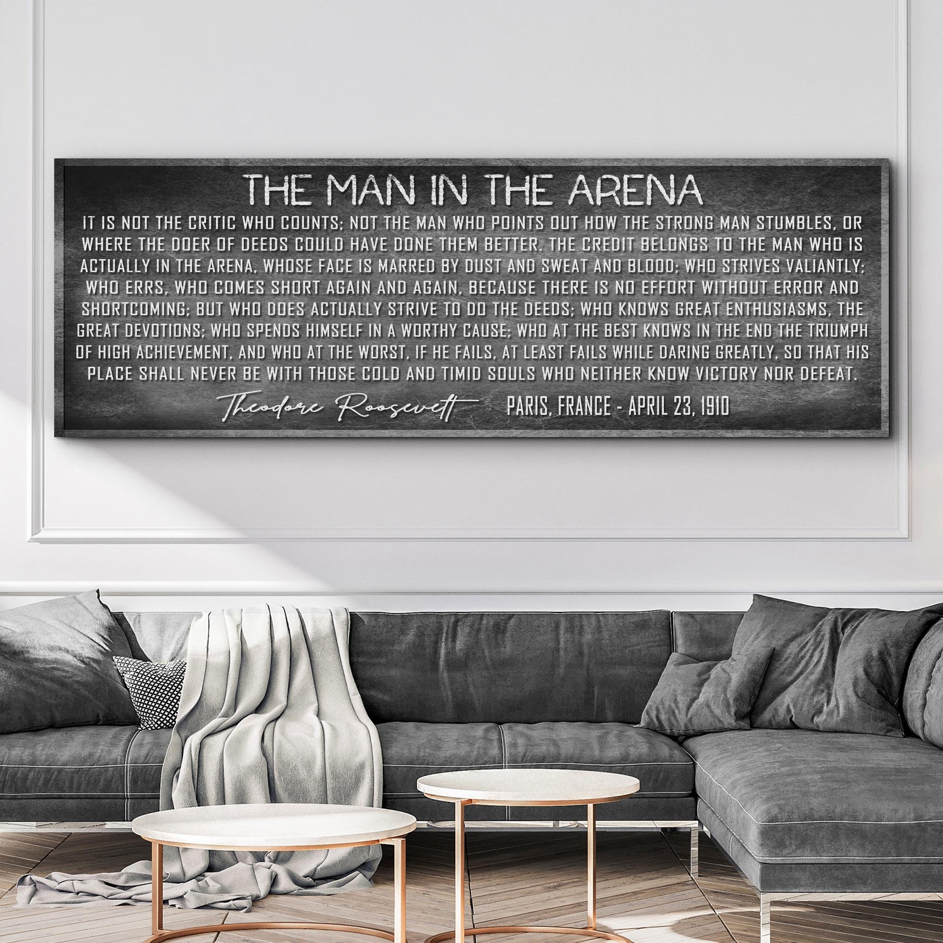 The Man In The Arena Sign VII canvas crafting wall art in charcoal by Tailored Canvases on Tampa Home & Garden Store