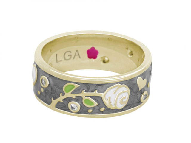 Daisy Love Band Ring by Lauren G Adams, two-tone gold band with trailing rose enamel and leaves on Tampa Home & Garden Store