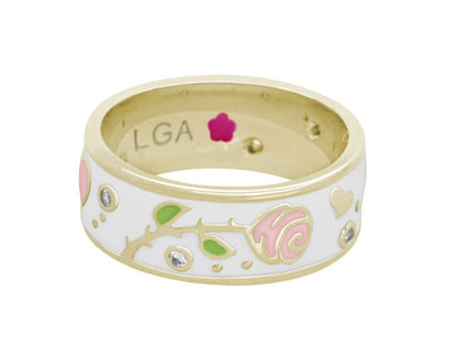 Daisy Love Band Ring - Trailing Rose, white enamel with gold trim, pink rose leaves LGA on Tampa Home & Garden Store