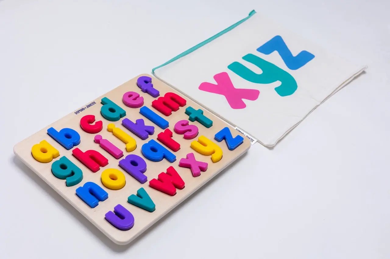 Wooden Find & Fit Puzzle board with 26 colorful alphabet letters by Domino & Juliette; includes xyz tote bag on Tampa Home & Garden Store
