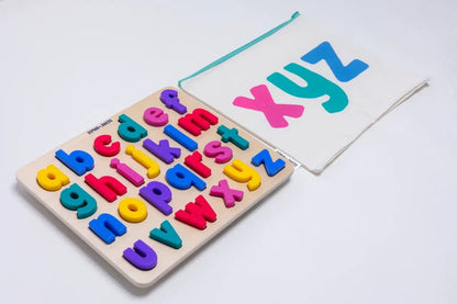 Wooden Find & Fit Puzzle board with 26 colorful alphabet letters by Domino & Juliette; includes xyz tote bag on Tampa Home & Garden Store