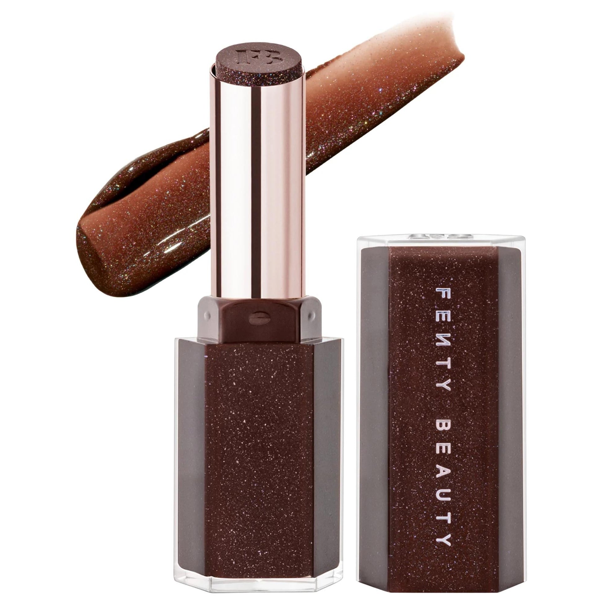 Fenty Beauty Gloss Bomb Stix lip gloss tube in glittery brown-pink shade with rose-gold cap on Tampa Home & Garden Store