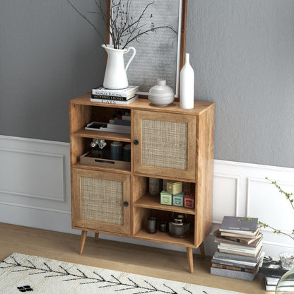 Aparador de madera moderno de mediados de siglo con puertas de ratán para comedor